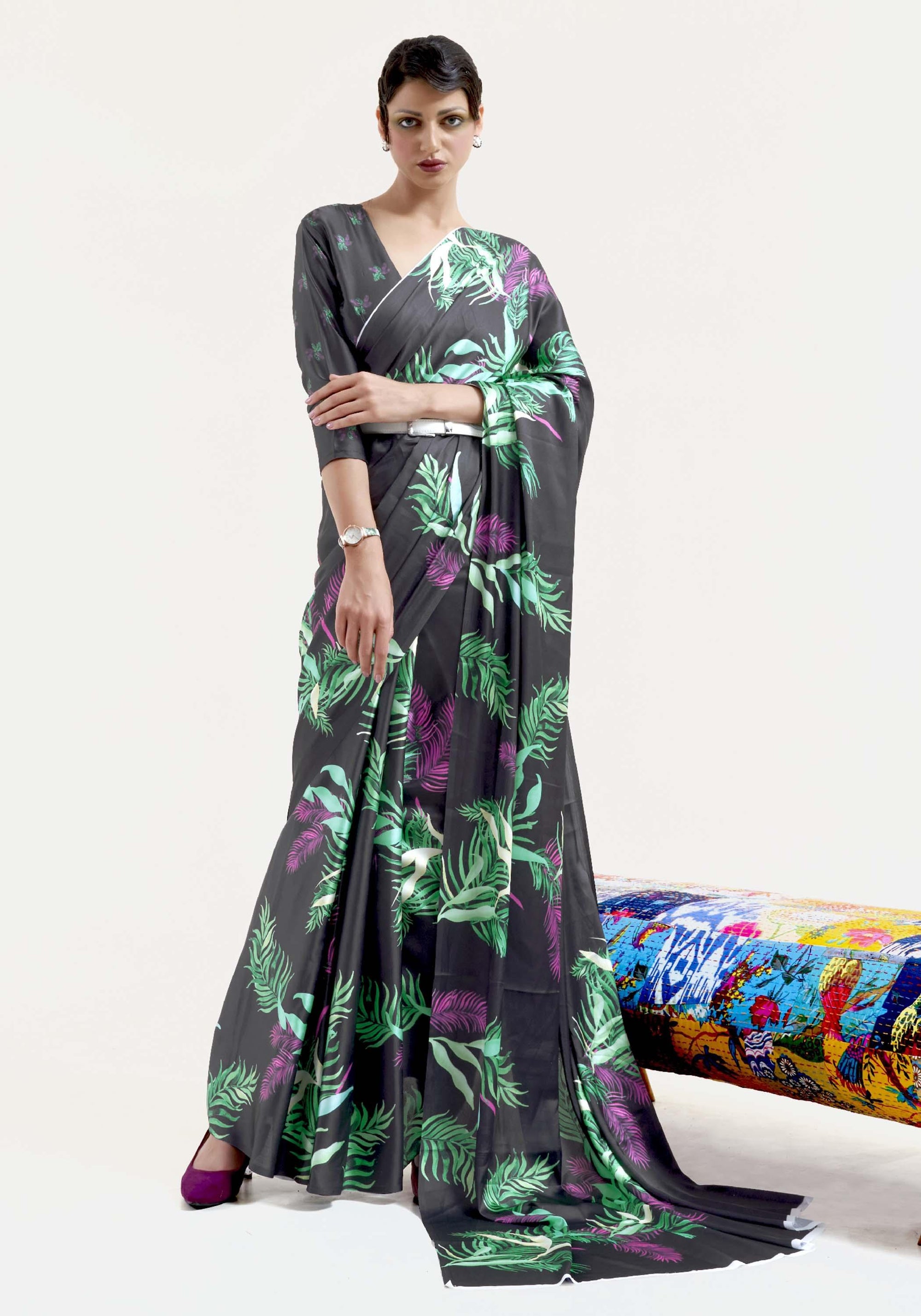 Ebony Black Satin Crepe Silk Digital Printed Saree - Ranjvani