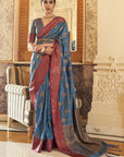 Yale Blue Tussar Silk Zari Weaving Saree - Ranjvani