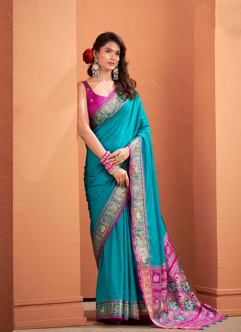 Teal Blue Patola Saree
