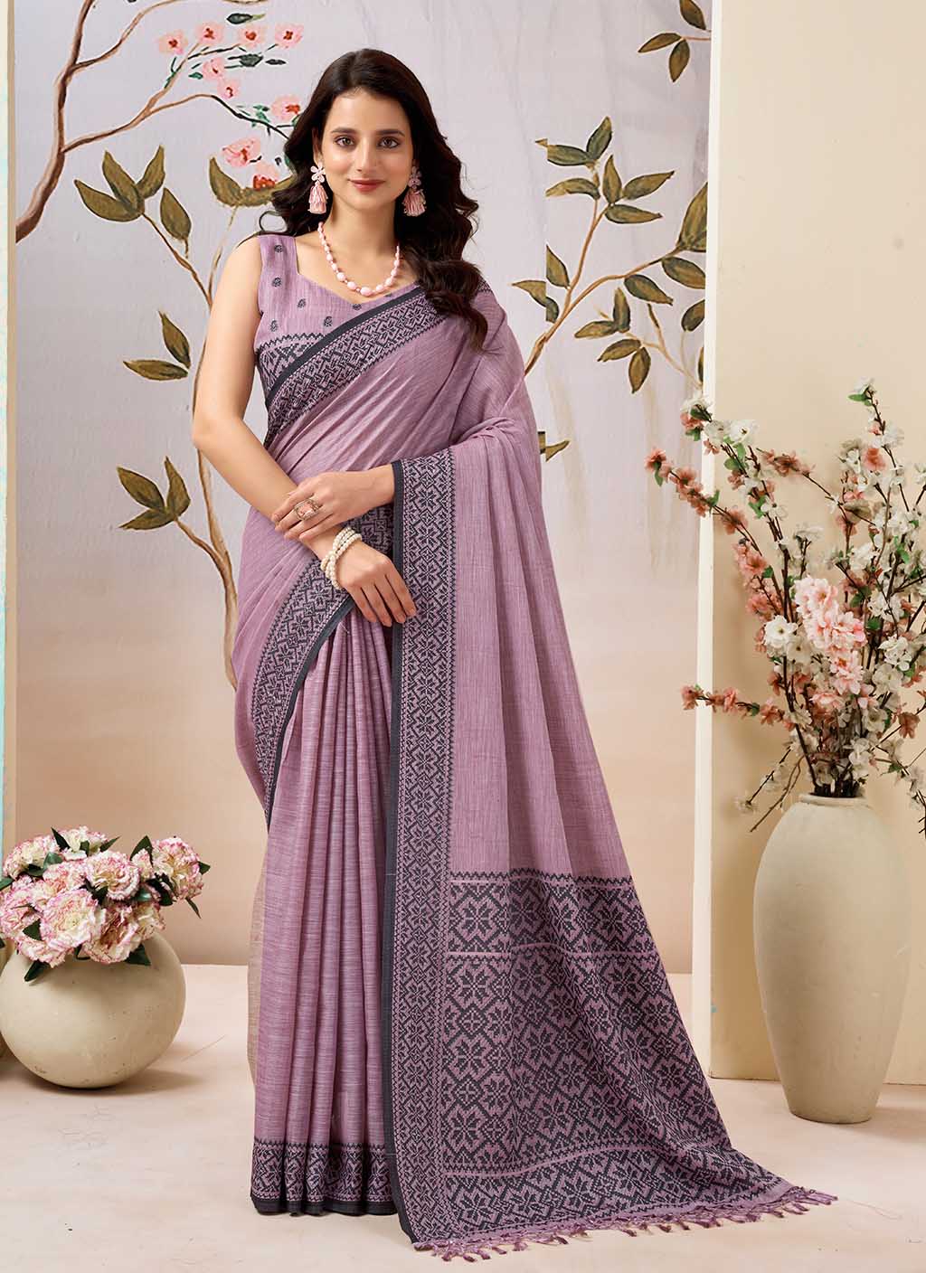 Dusty Pink Pure Linen Saree