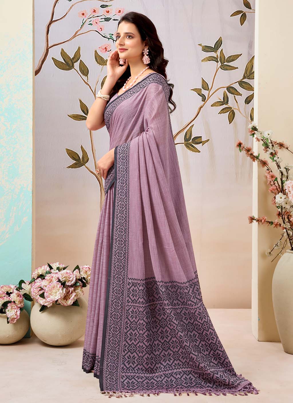 Dusty Pink Pure Linen Saree