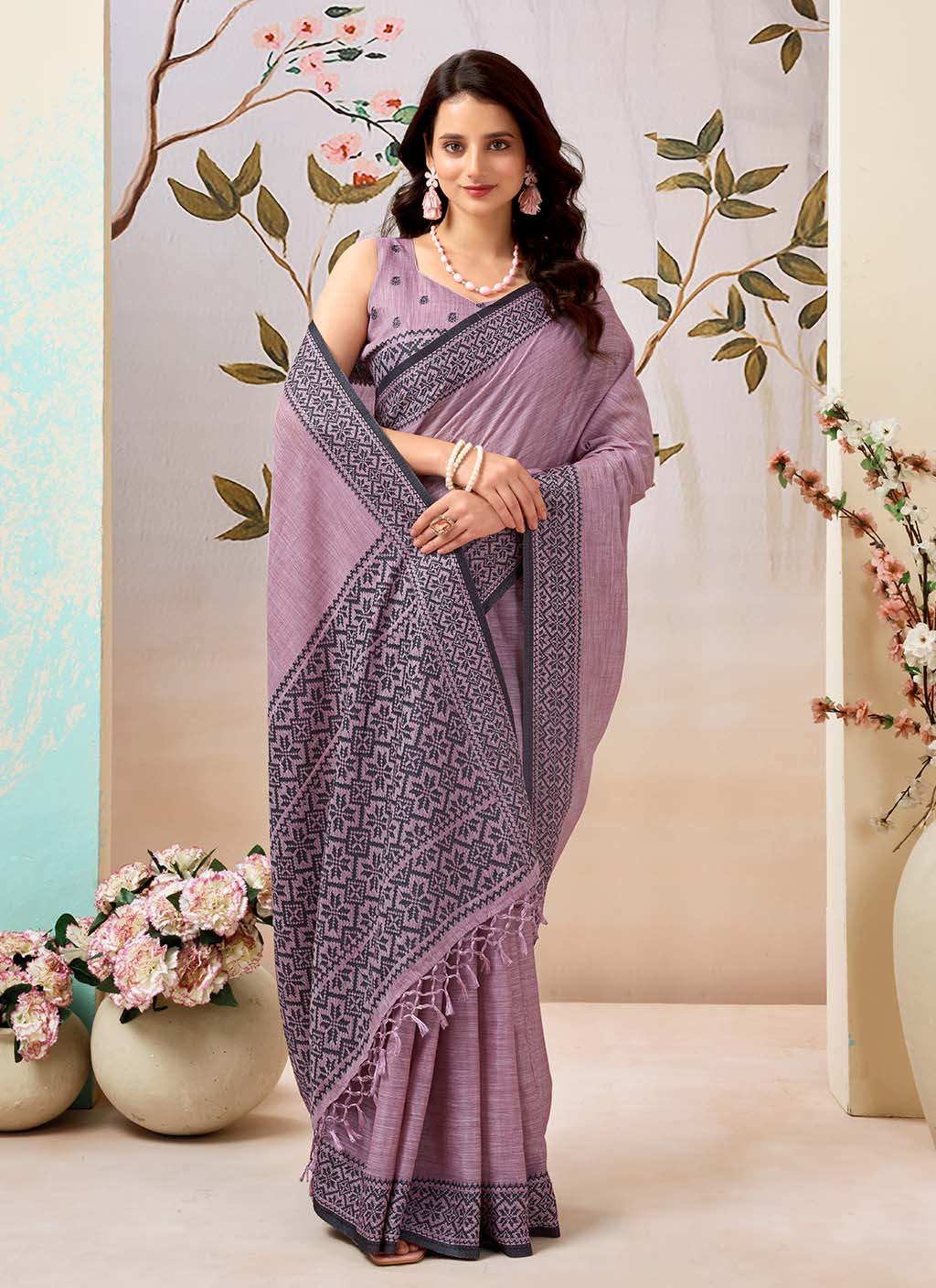 Dusty Pink Pure Linen Saree