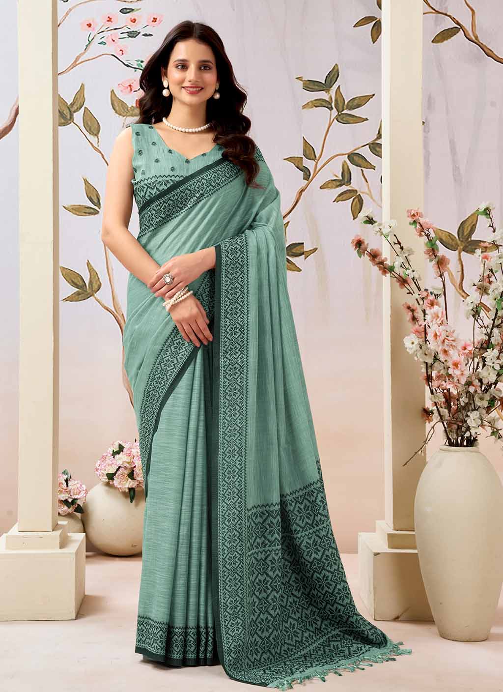 Firozi Pure Linen Saree