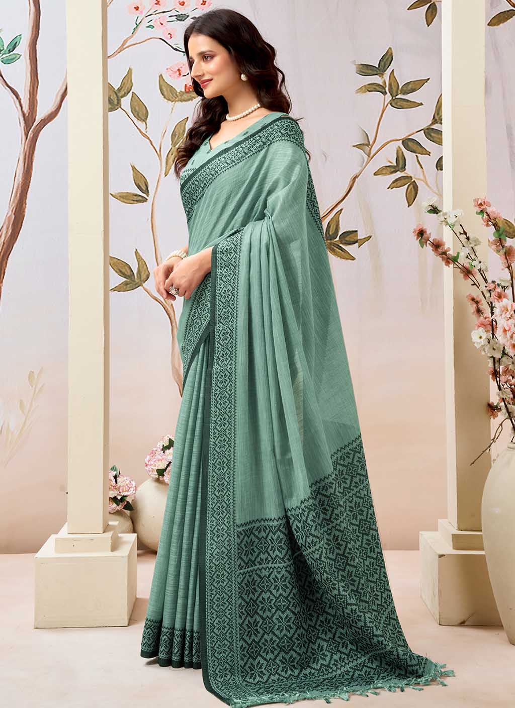 Firozi Pure Linen Saree