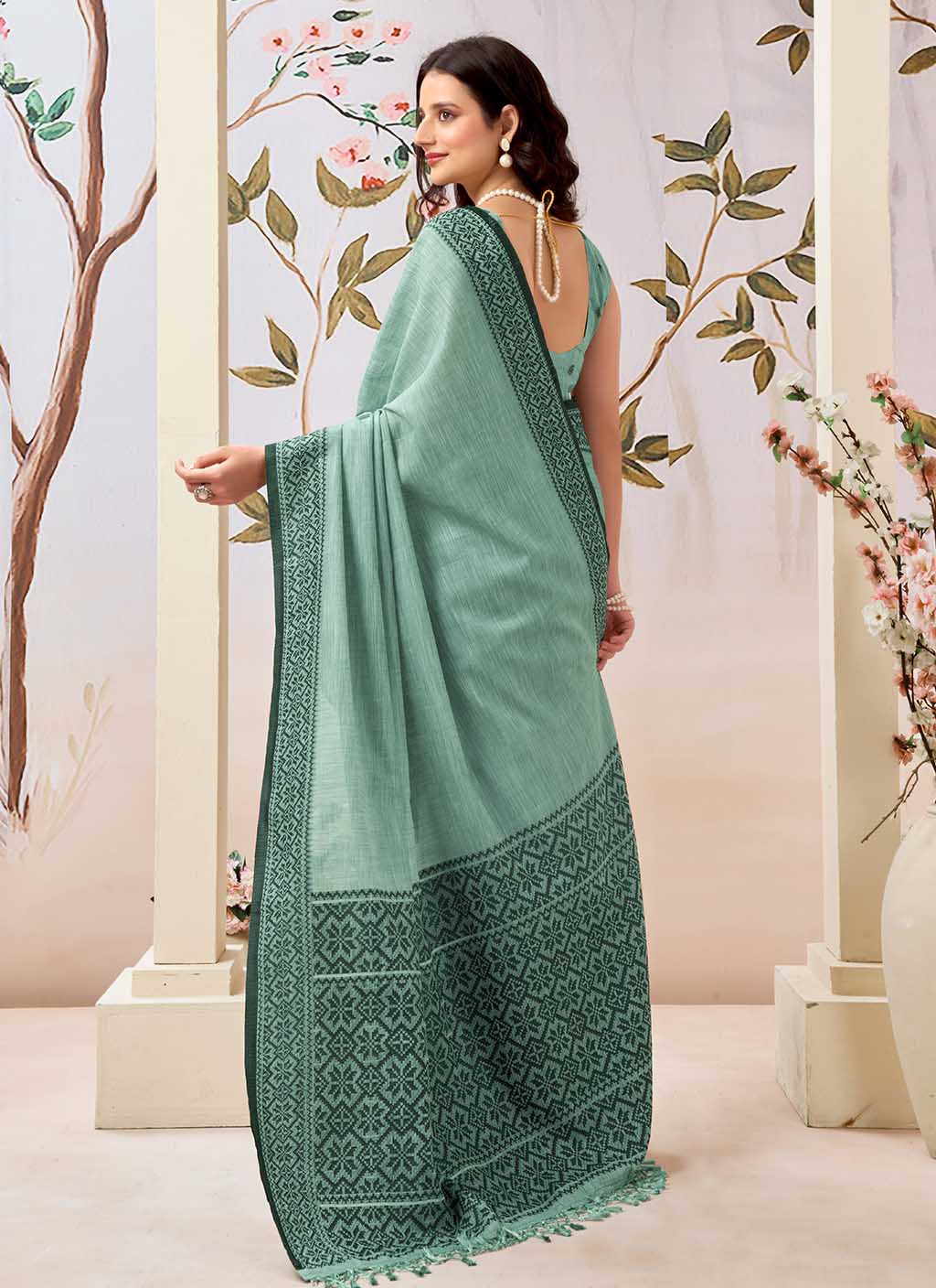 Firozi Pure Linen Saree