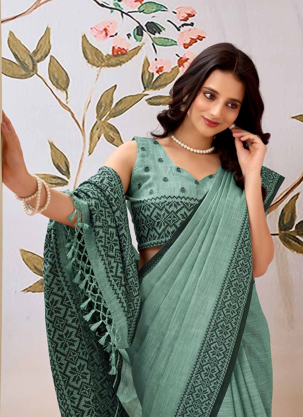 Firozi Pure Linen Saree