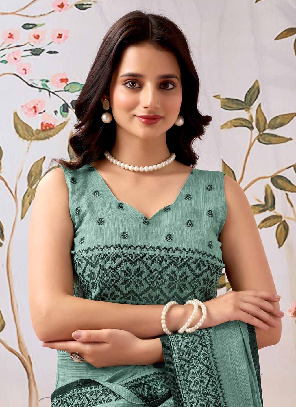 Firozi Pure Linen Saree