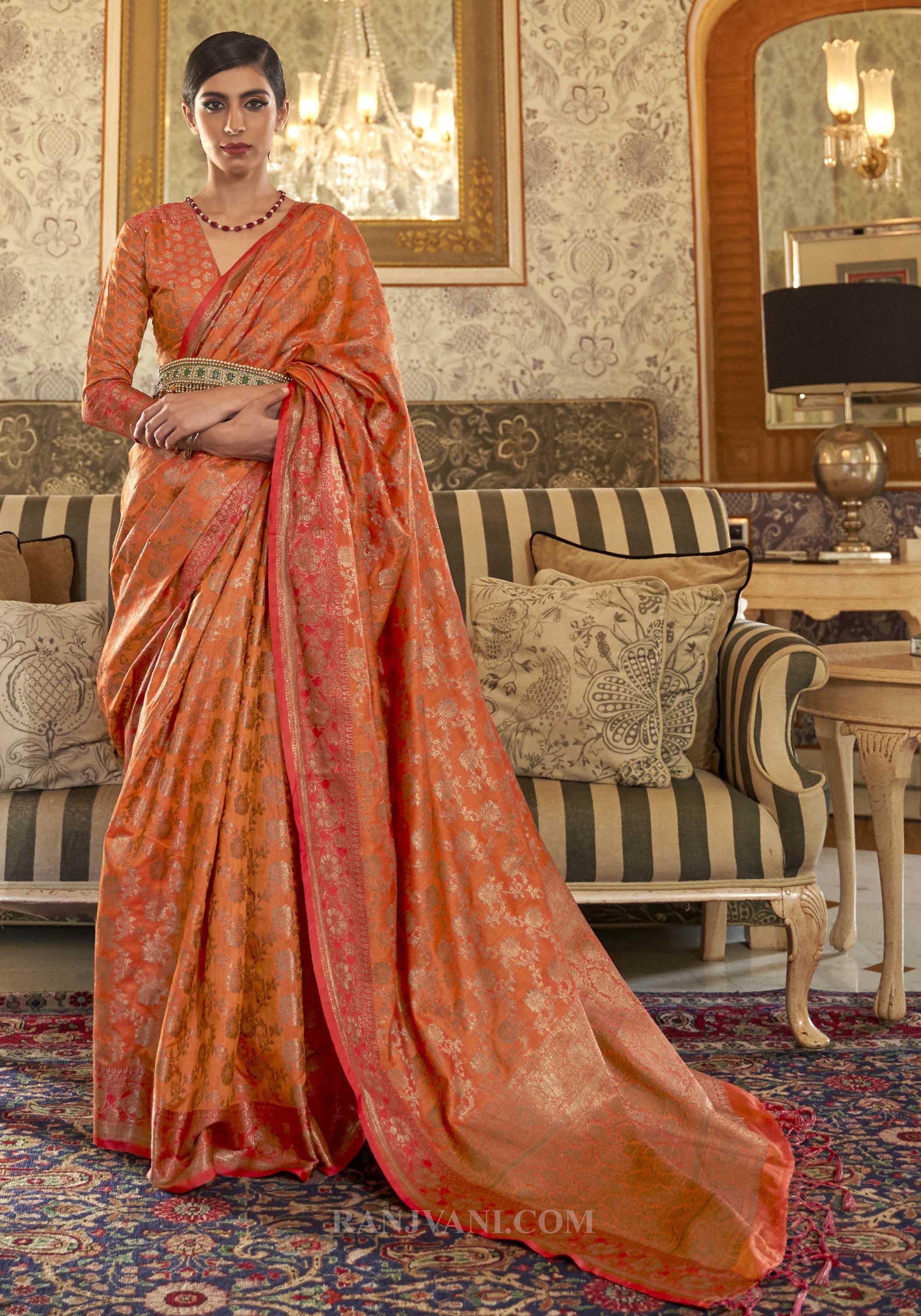 Amber Orange Tussar Silk Zari Weaving Saree - Ranjvani