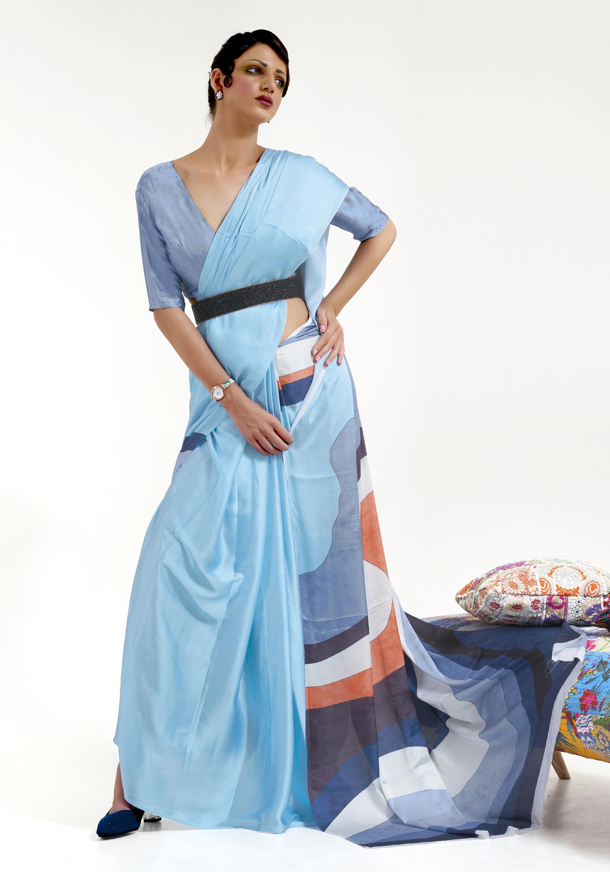 Baby Blue Satin Crepe Silk Digital Printed Saree - Ranjvani