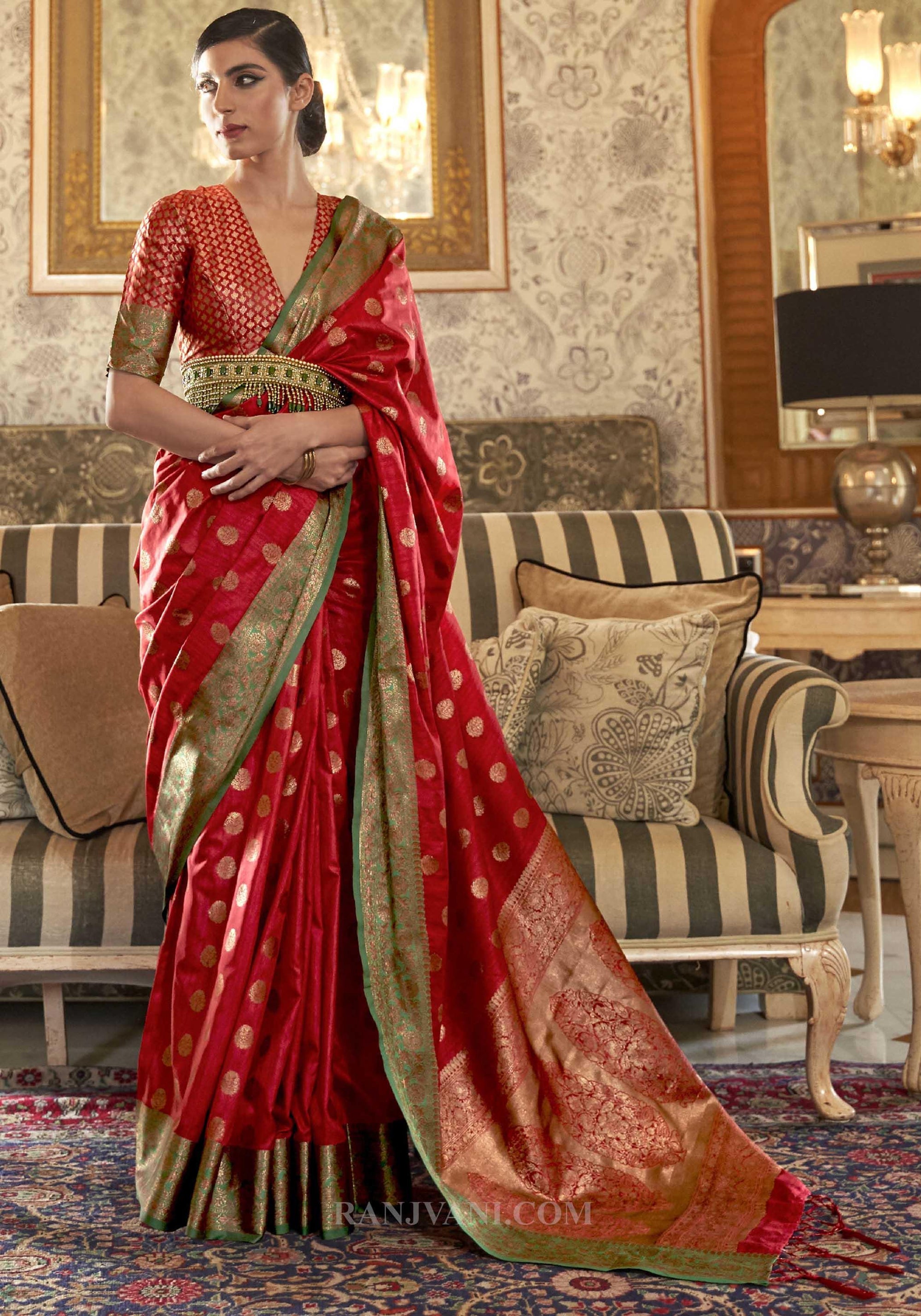Dark Red Tussar Silk Zari Weaving Saree - Ranjvani