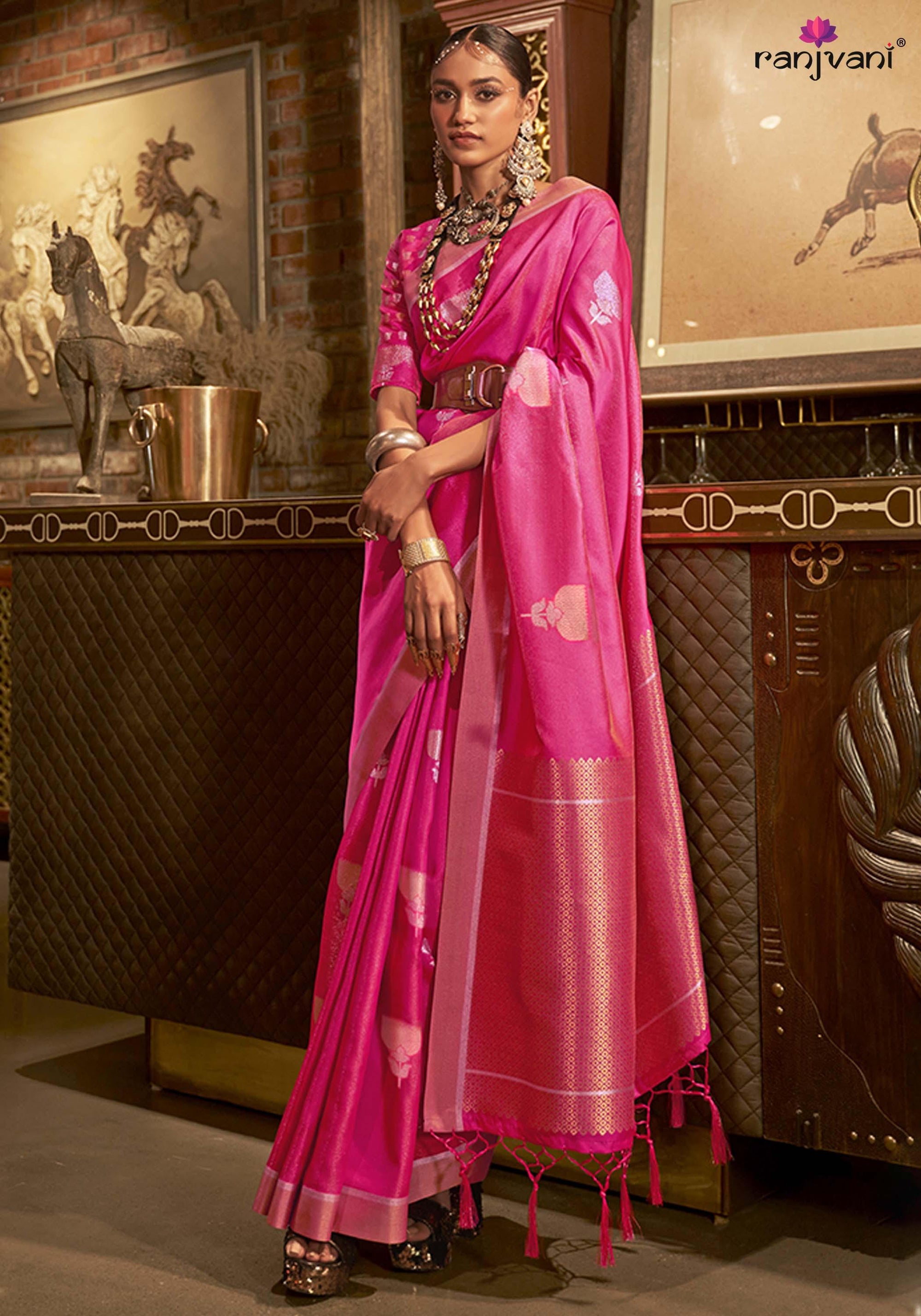 Hot Pink Banarasi Silk Saree - Ranjvani