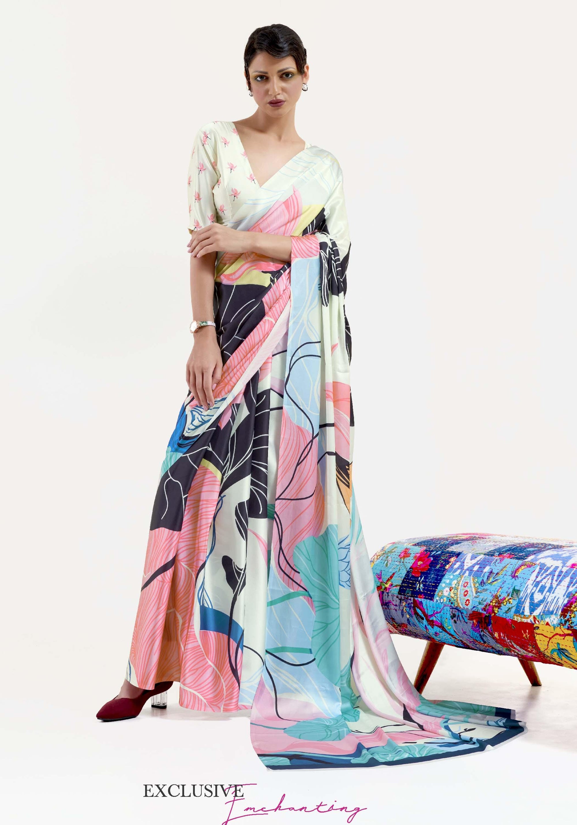 Multicolored Satin Crepe Silk Digital Printed Saree - Ranjvani