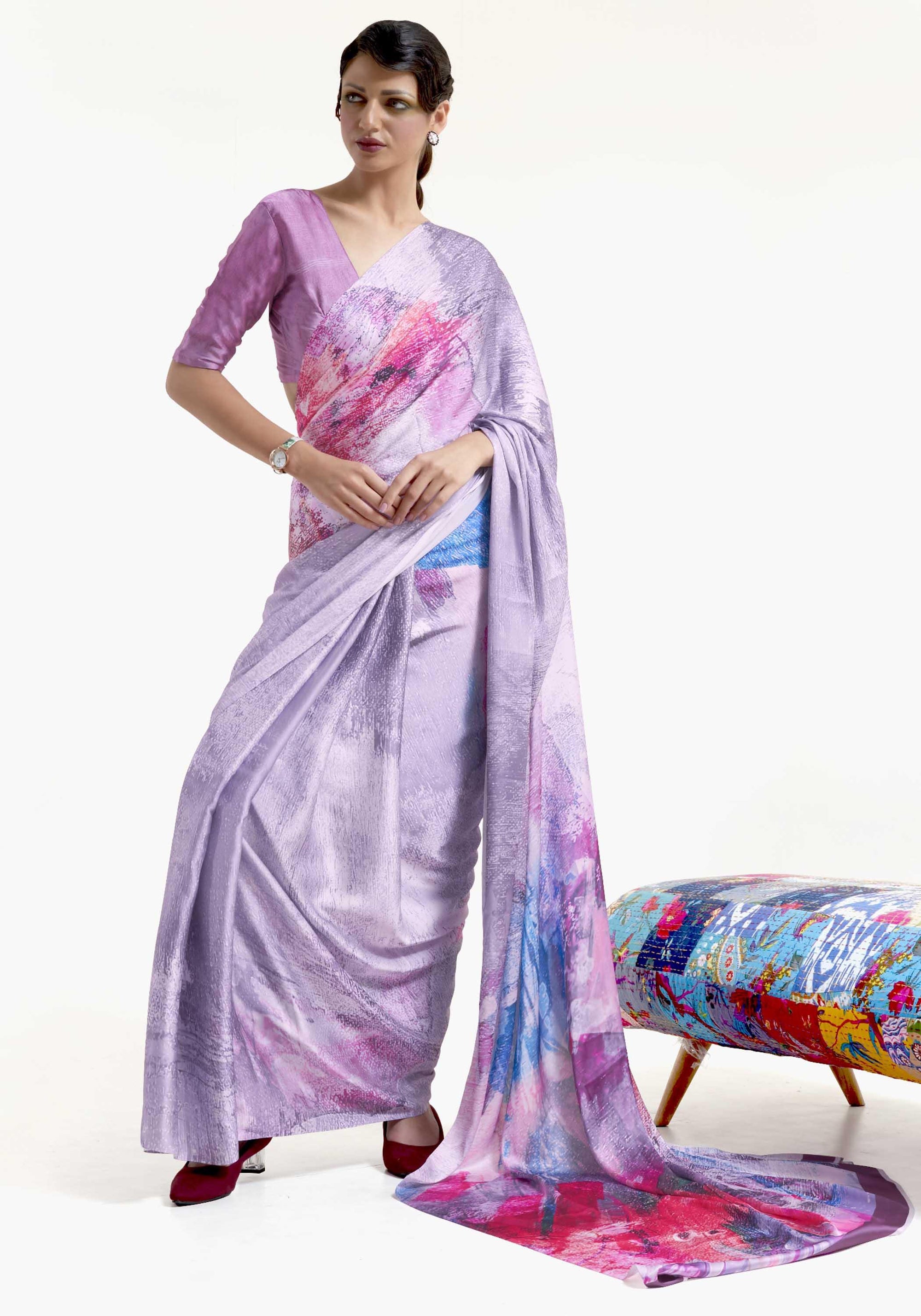 Periwinkle Purple Satin Crepe Silk Digital Printed Saree - Ranjvani