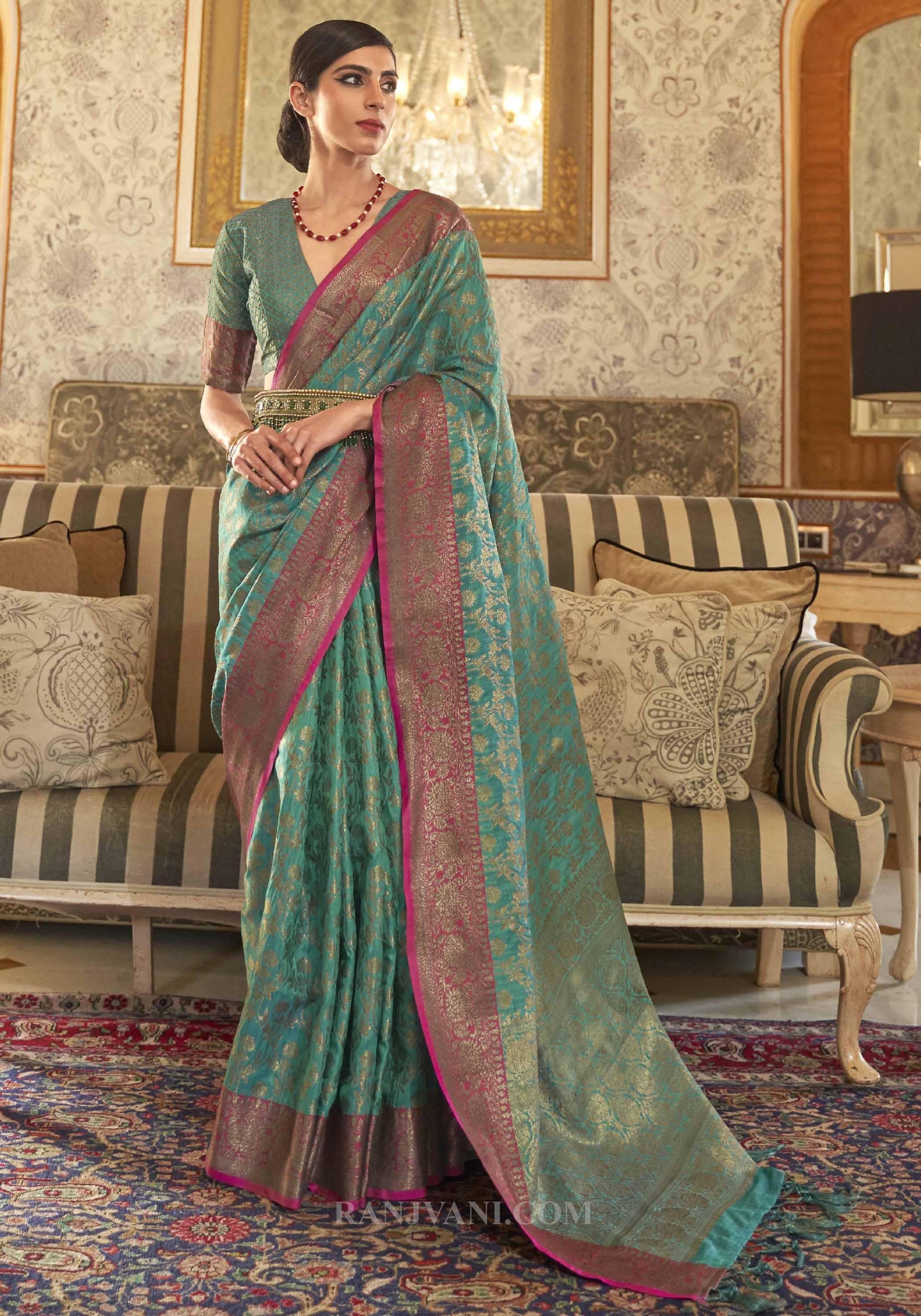 Turquoise Blue Tussar Silk Zari Weaving Saree - Ranjvani