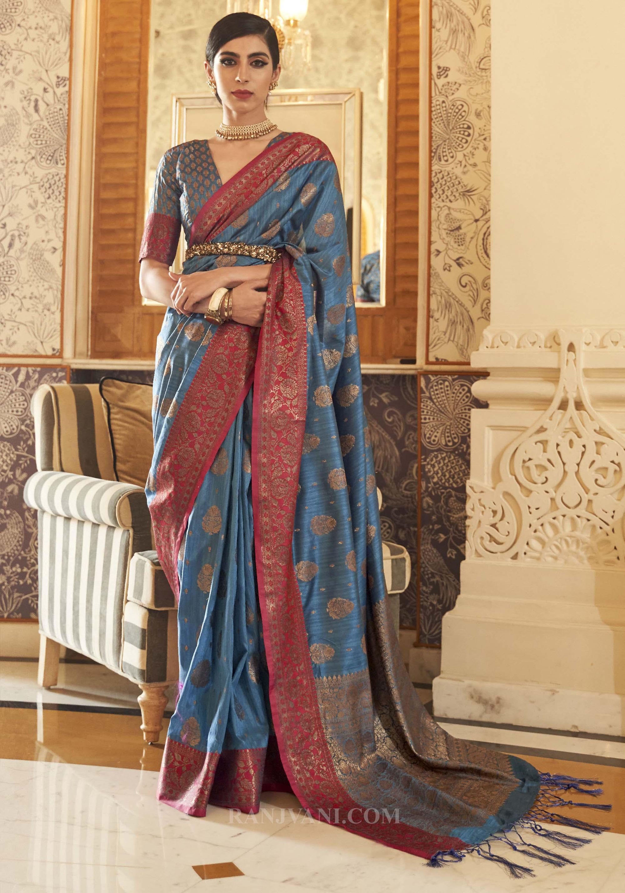 Yale Blue Tussar Silk Zari Weaving Saree - Ranjvani